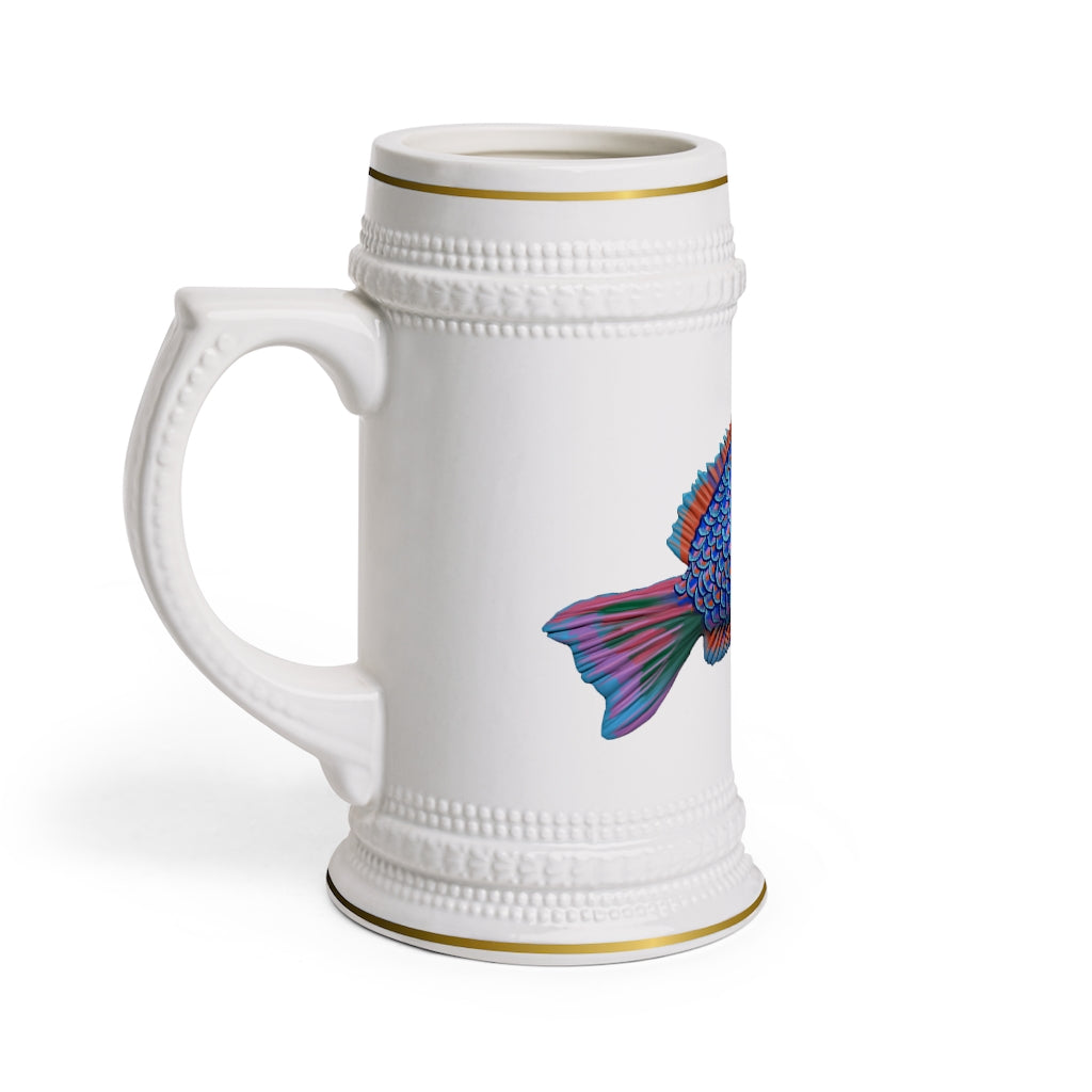 A stylish Blue Fish Stein Mug made of durable white ceramic with ribbed outlines, perfect for custom designs and everyday use.