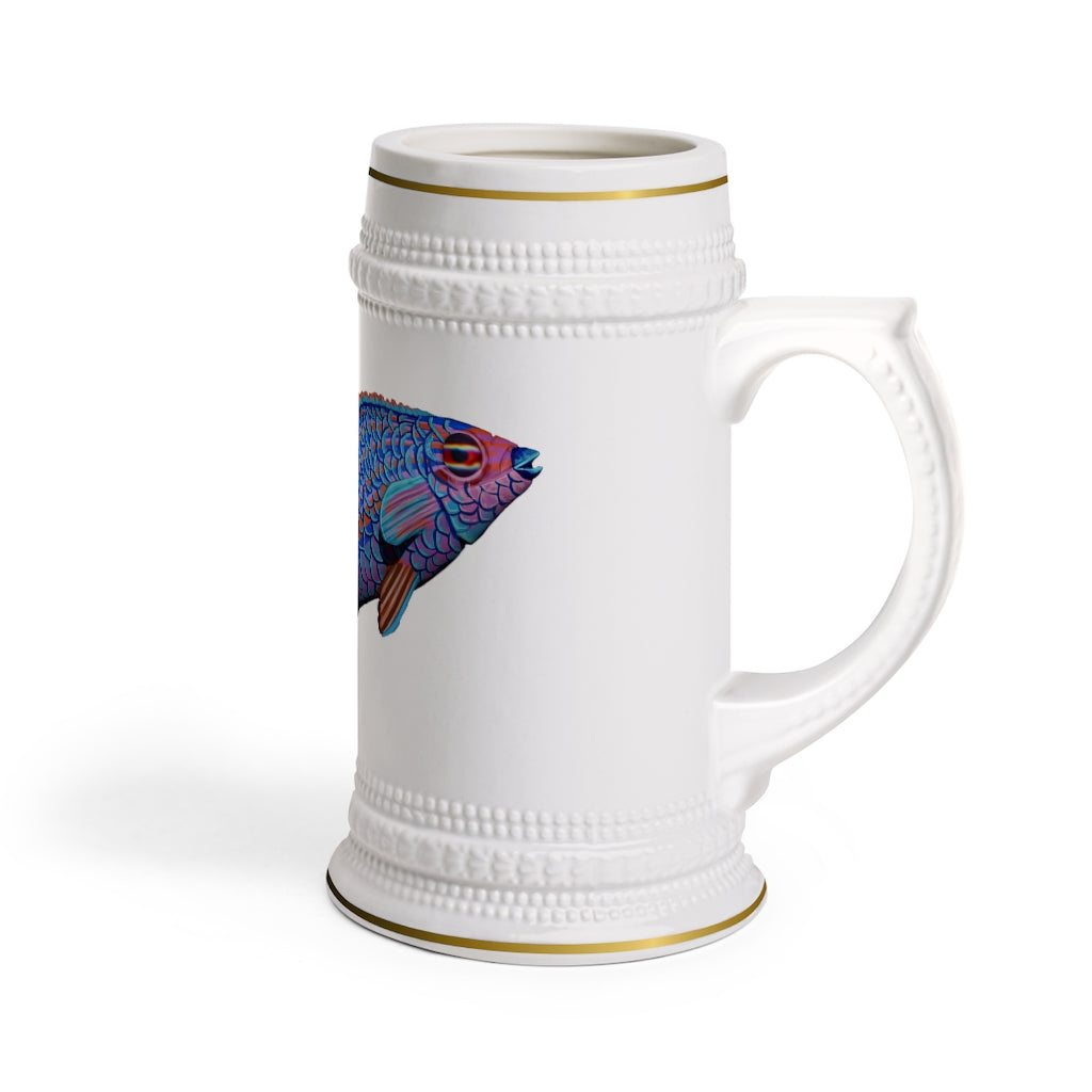 A stylish Blue Fish Stein Mug made of durable white ceramic with ribbed outlines, perfect for custom designs and everyday use.