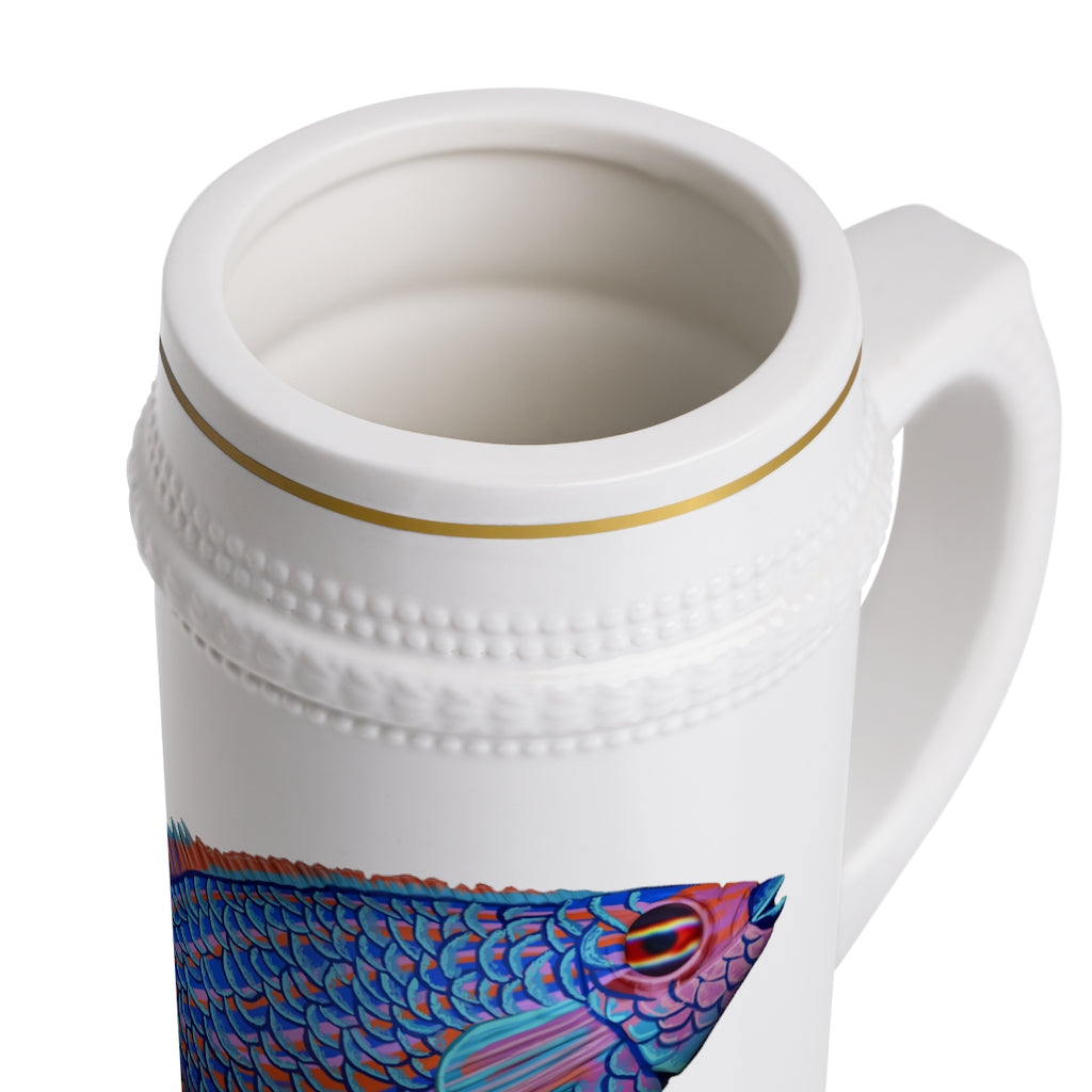 A stylish Blue Fish Stein Mug made of durable white ceramic with ribbed outlines, perfect for custom designs and everyday use.