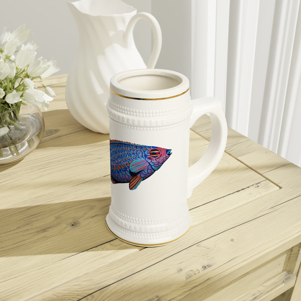 A stylish Blue Fish Stein Mug made of durable white ceramic with ribbed outlines, perfect for custom designs and everyday use.