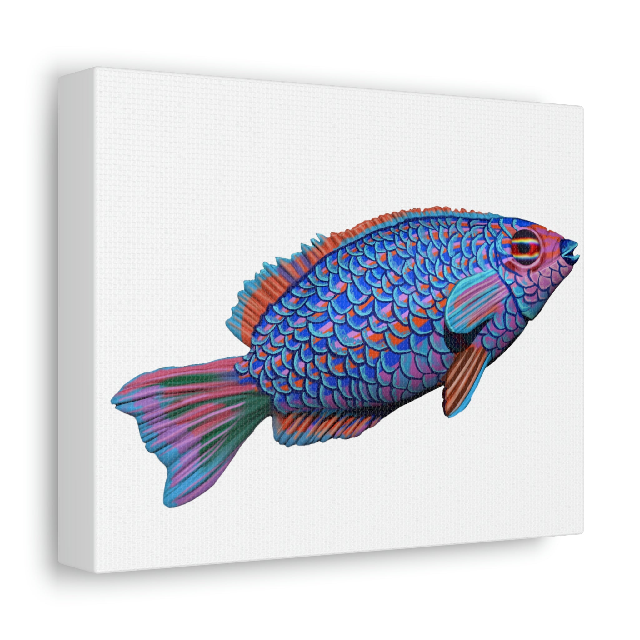 A vibrant blue fish printed on a premium stretched canvas, framed with durable wood, perfect for indoor decoration.