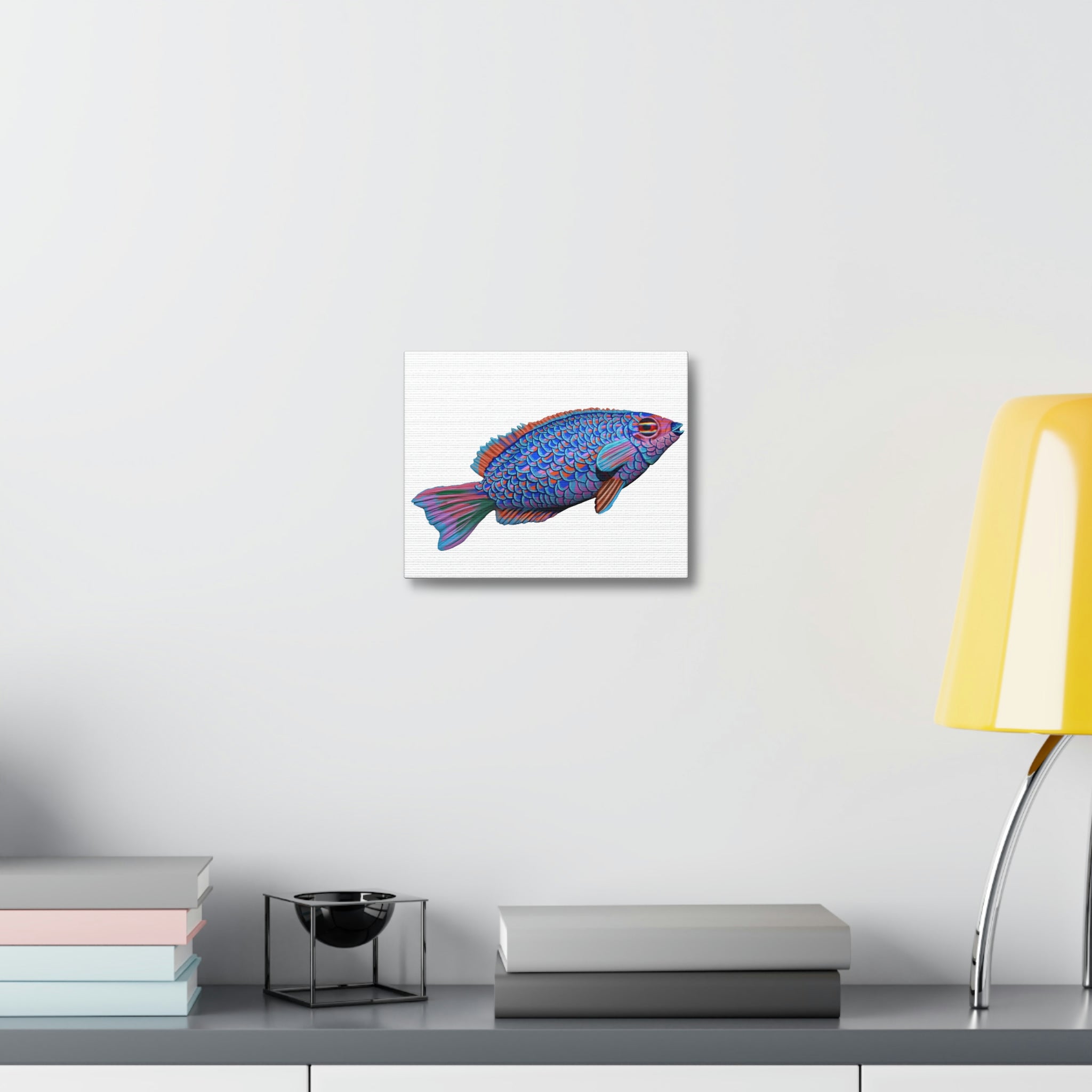 A vibrant blue fish printed on a premium stretched canvas, framed with durable wood, perfect for indoor decoration.