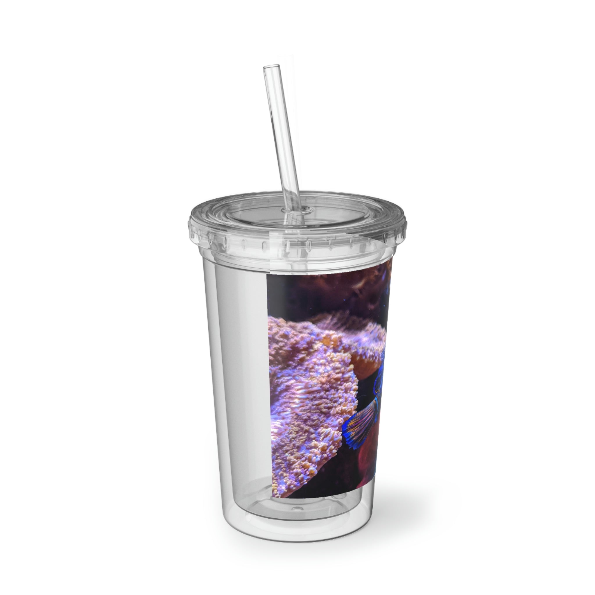 Blue Fish Suave Acrylic Cup with double-wall insulation, featuring a vibrant customizable design and a plastic lid with a straw.