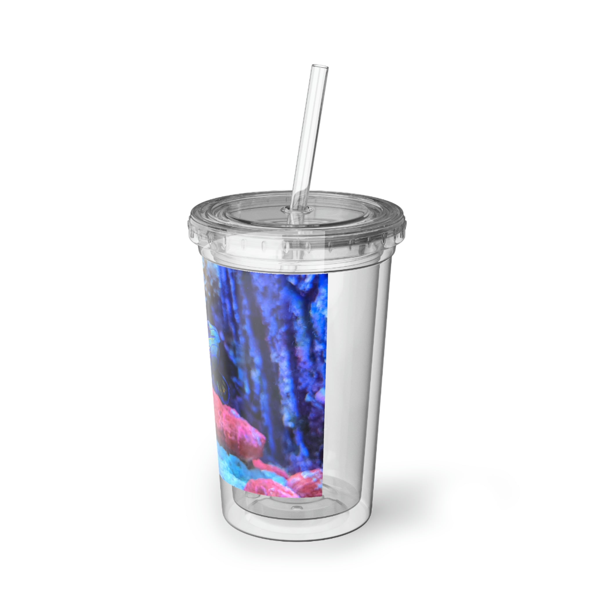 Blue Fish Suave Acrylic Cup with double-wall insulation, featuring a vibrant customizable design and a plastic lid with a straw.