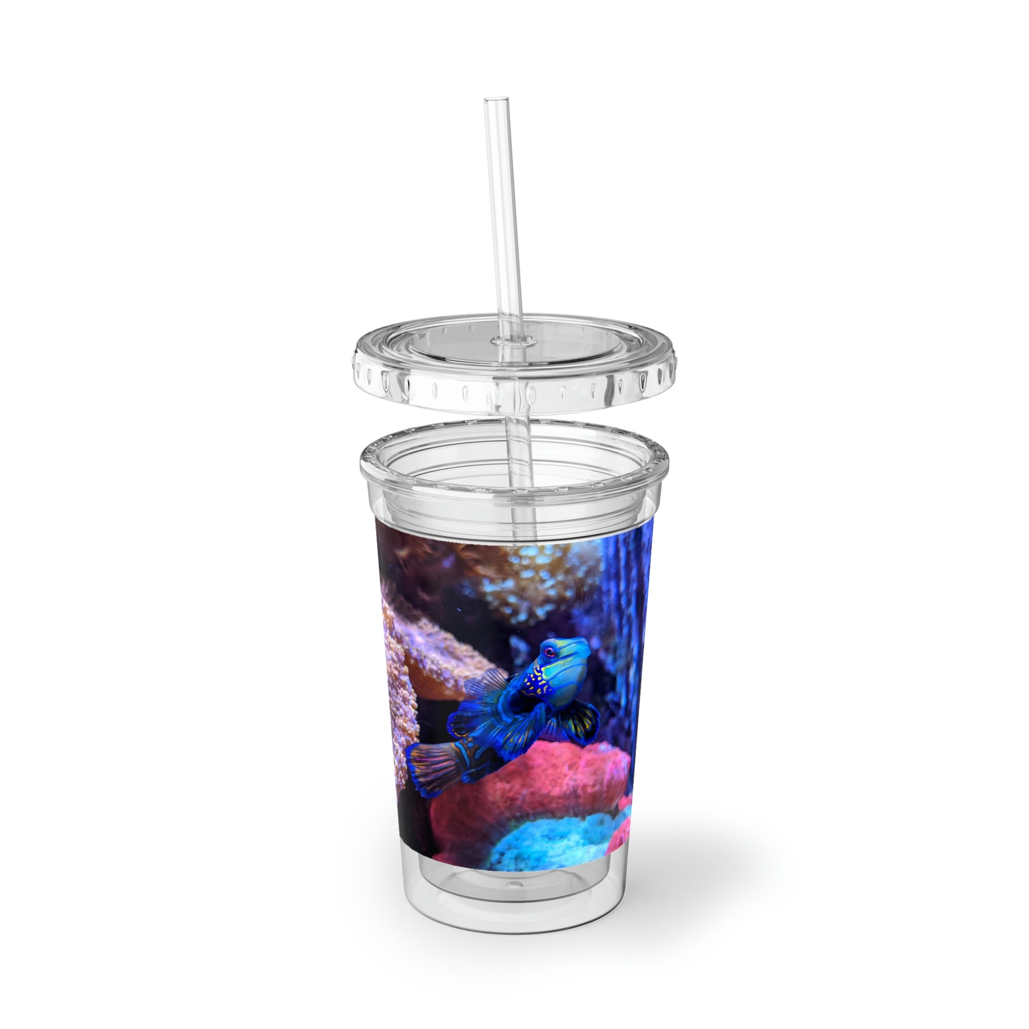 Blue Fish Suave Acrylic Cup with double-wall insulation, featuring a vibrant customizable design and a plastic lid with a straw.