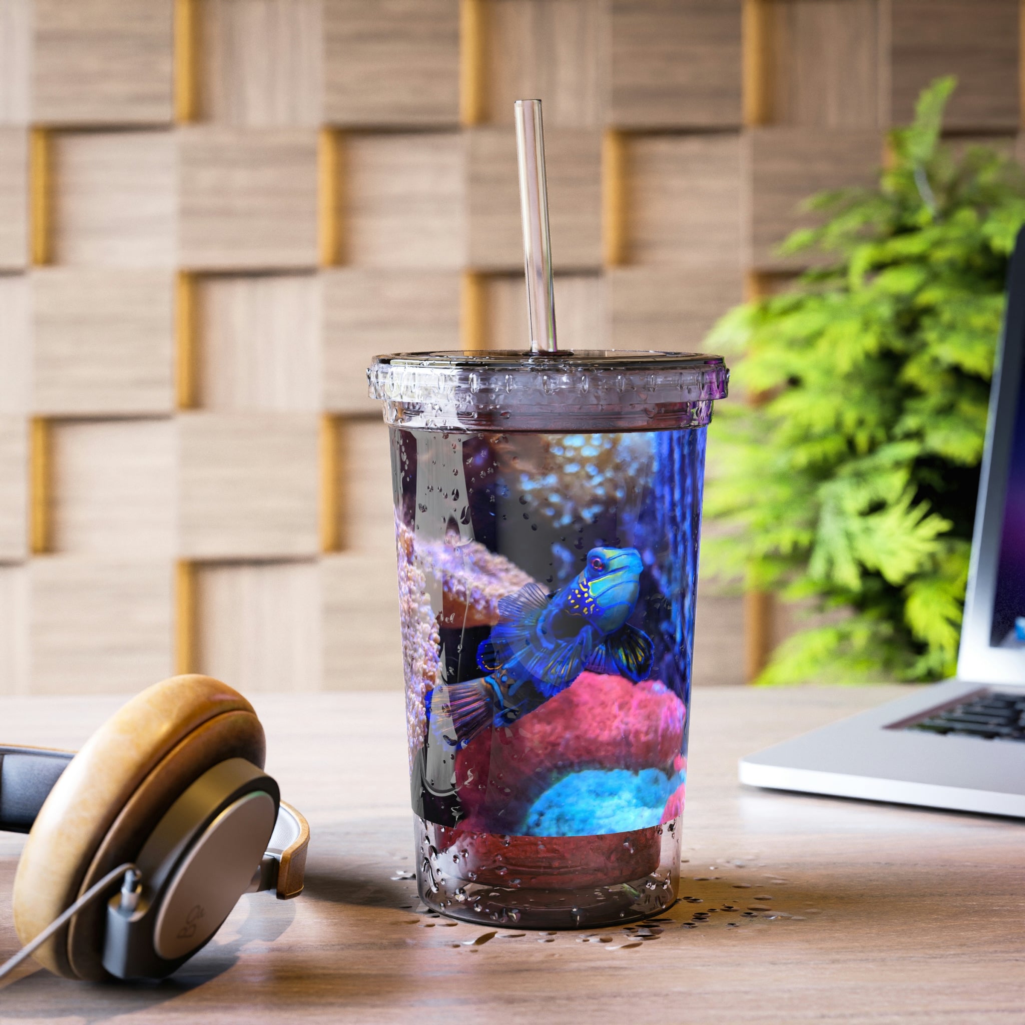 Blue Fish Suave Acrylic Cup with double-wall insulation, featuring a vibrant customizable design and a plastic lid with a straw.