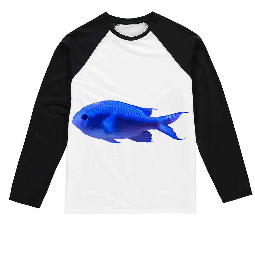 Blue Fish Sublimation Baseball Long Sleeve T-Shirt featuring a crew neck and long sleeves, designed for sublimation printing with a stylish fit.