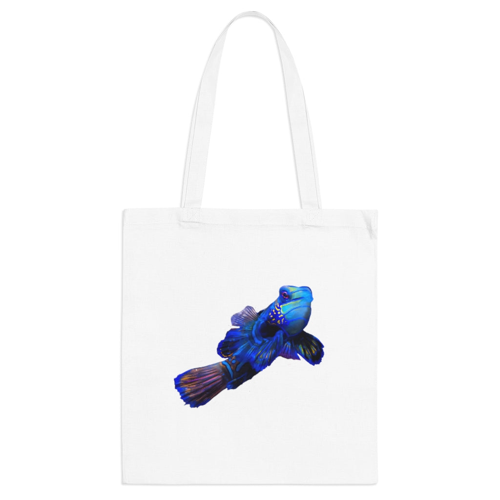 Blue Fish Tote Bag made of 100% cotton with long handles and cross stitching for added stability, featuring vibrant colors.