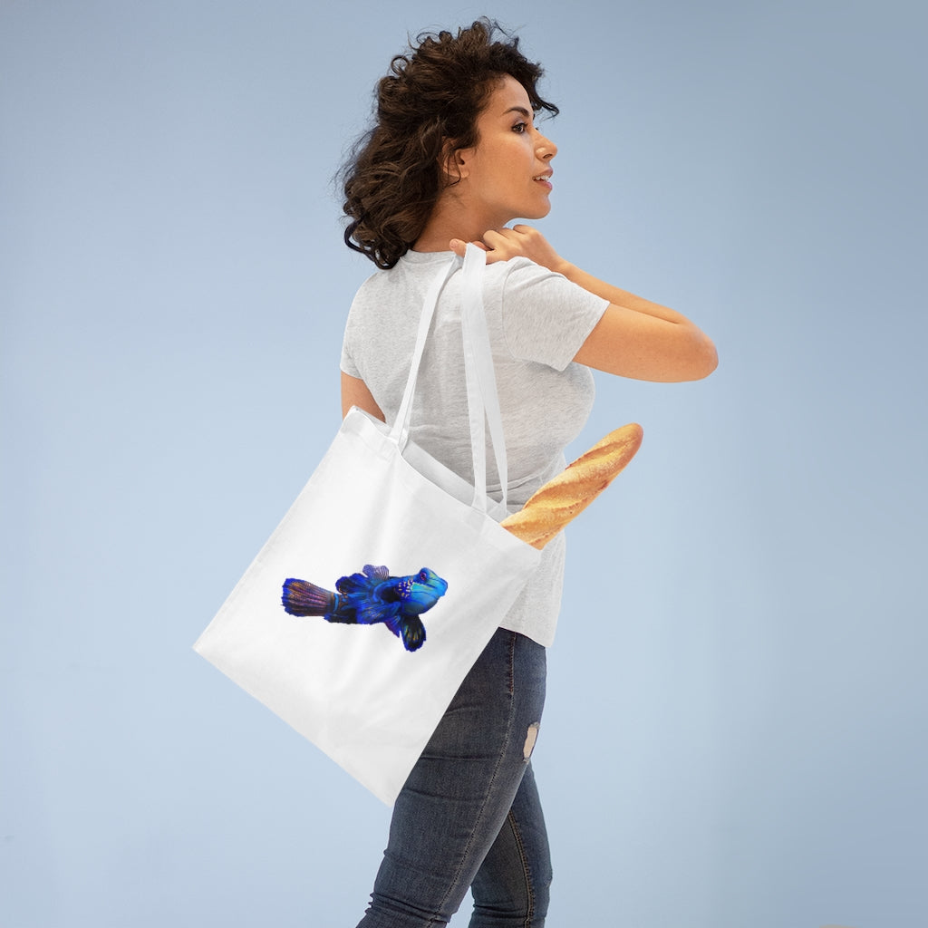 Blue Fish Tote Bag made of 100% cotton with long handles and cross stitching for added stability, featuring vibrant colors.