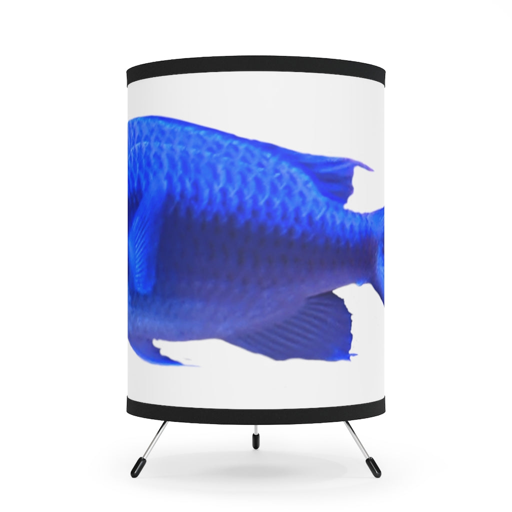 Blue Fish Tripod Lamp featuring a galvanized steel base and custom high-resolution printed shade, designed for US and CA plug compatibility.