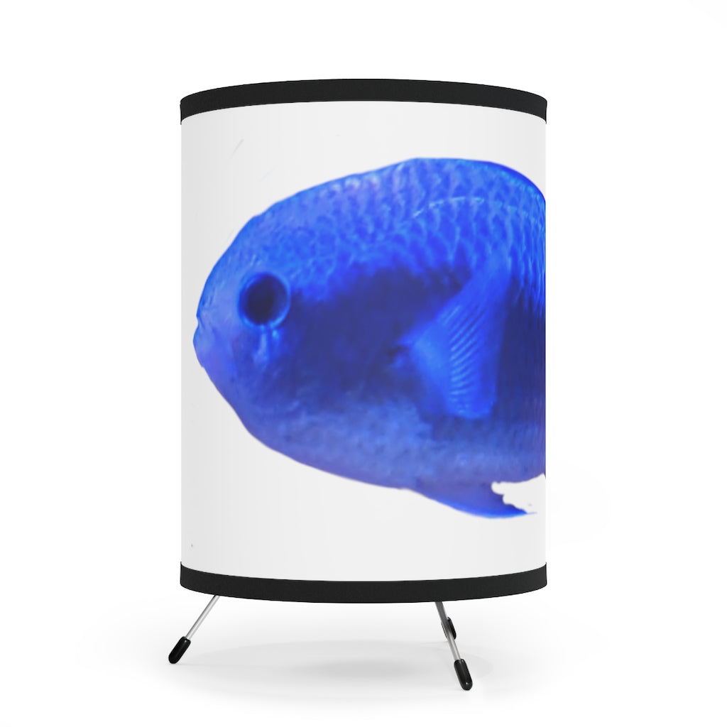 Blue Fish Tripod Lamp featuring a galvanized steel base and custom high-resolution printed shade, designed for US and CA plug compatibility.