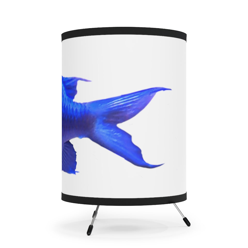 Blue Fish Tripod Lamp featuring a galvanized steel base and custom high-resolution printed shade, designed for US and CA plug compatibility.