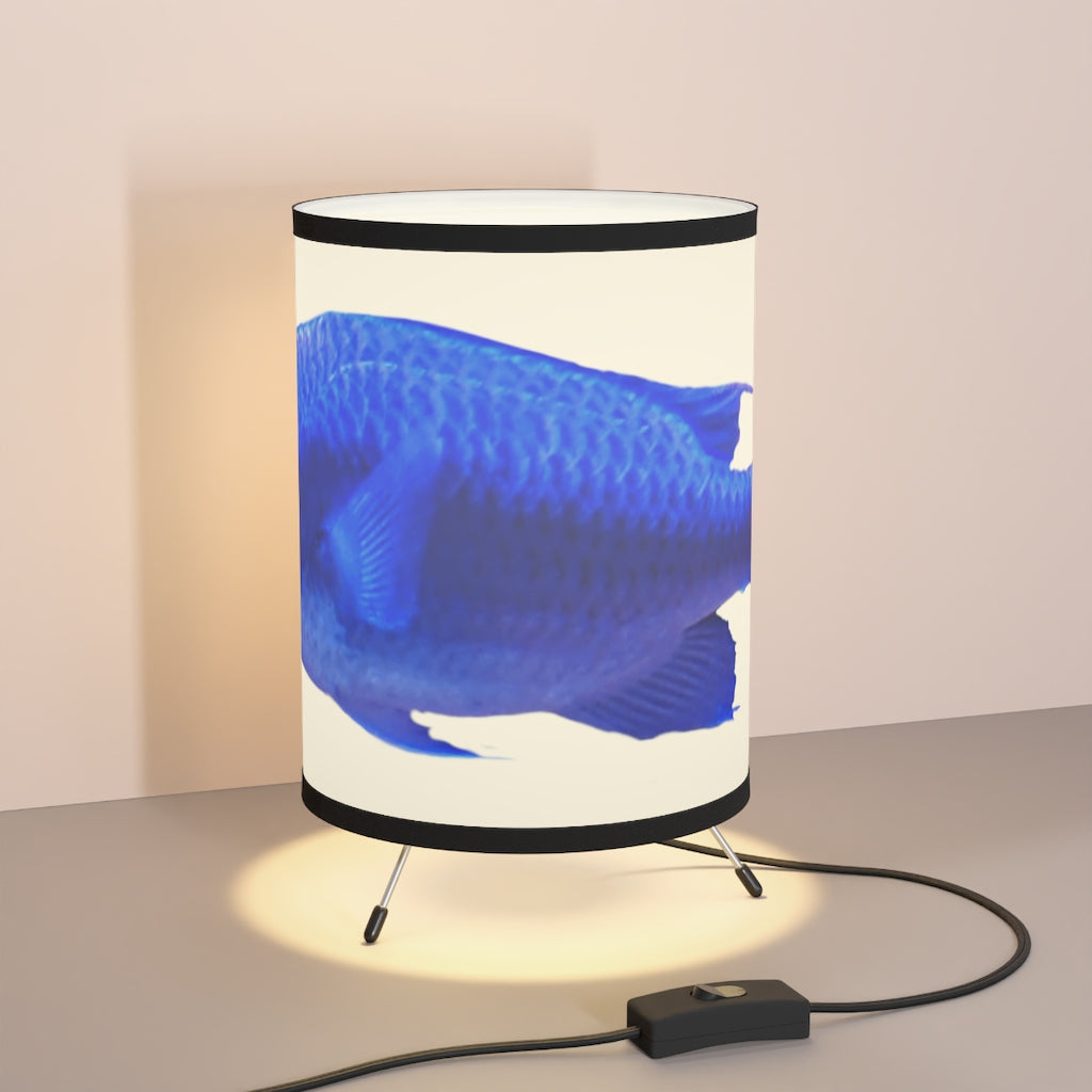 Blue Fish Tripod Lamp featuring a galvanized steel base and custom high-resolution printed shade, designed for US and CA plug compatibility.