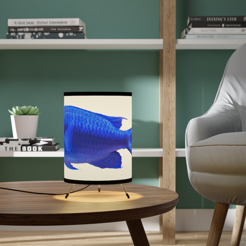 Blue Fish Tripod Lamp featuring a galvanized steel base and custom high-resolution printed shade, designed for US and CA plug compatibility.