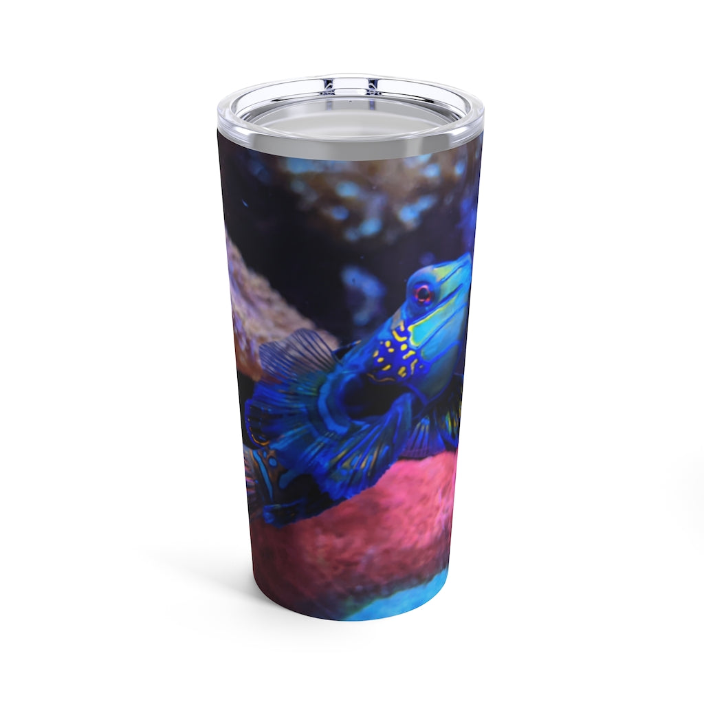 Blue Fish Tumbler 20oz made of stainless steel with a see-thru plastic lid, perfect for travel and outdoor use.