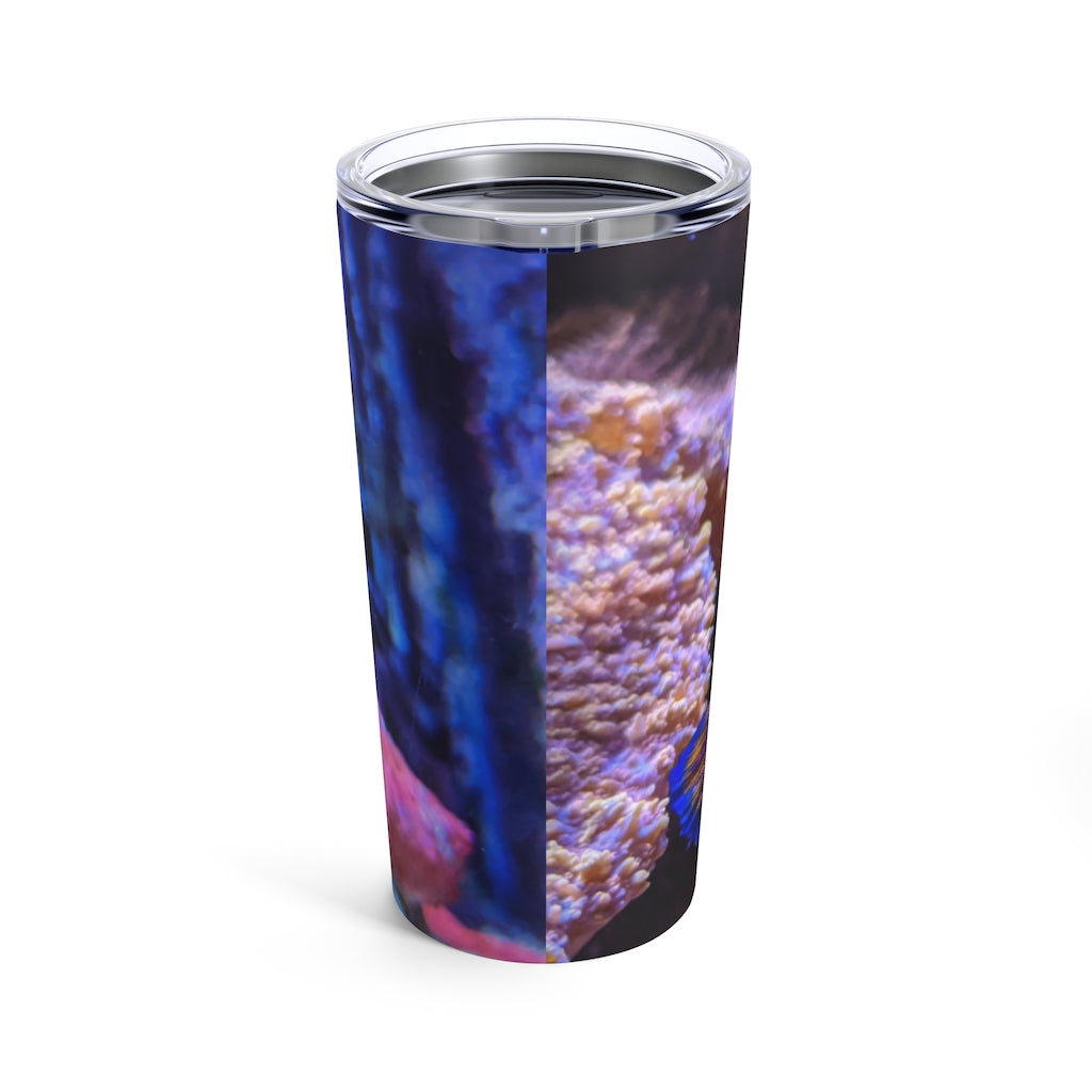 Blue Fish Tumbler 20oz made of stainless steel with a see-thru plastic lid, perfect for travel and outdoor use.