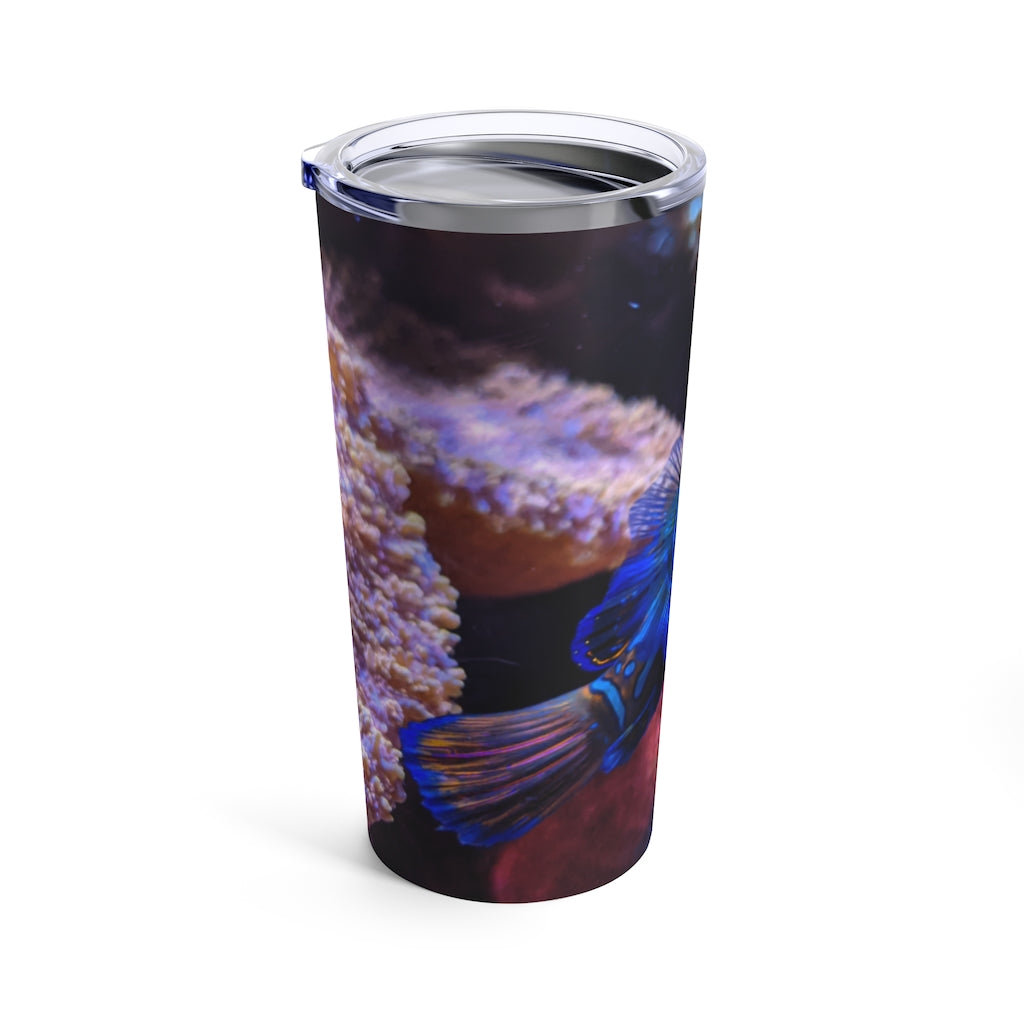 Blue Fish Tumbler 20oz made of stainless steel with a see-thru plastic lid, perfect for travel and outdoor use.