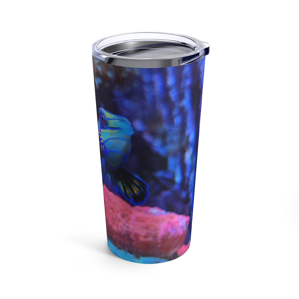 Blue Fish Tumbler 20oz made of stainless steel with a see-thru plastic lid, perfect for travel and outdoor use.