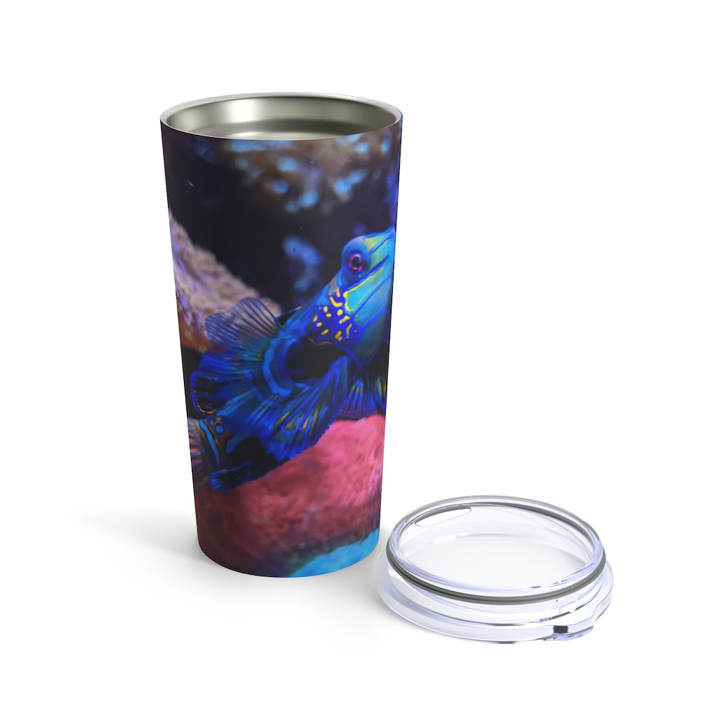 Blue Fish Tumbler 20oz made of stainless steel with a see-thru plastic lid, perfect for travel and outdoor use.