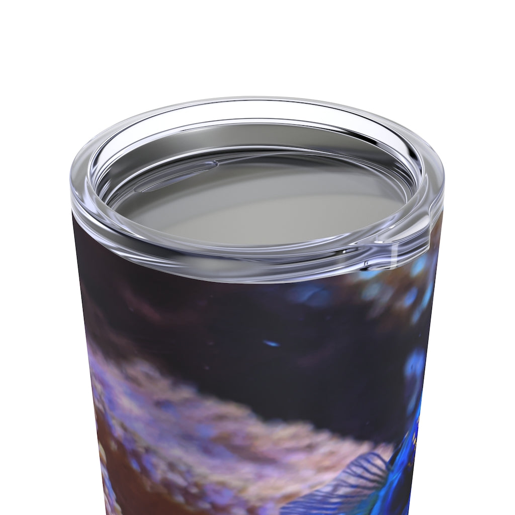 Blue Fish Tumbler 20oz made of stainless steel with a see-thru plastic lid, perfect for travel and outdoor use.