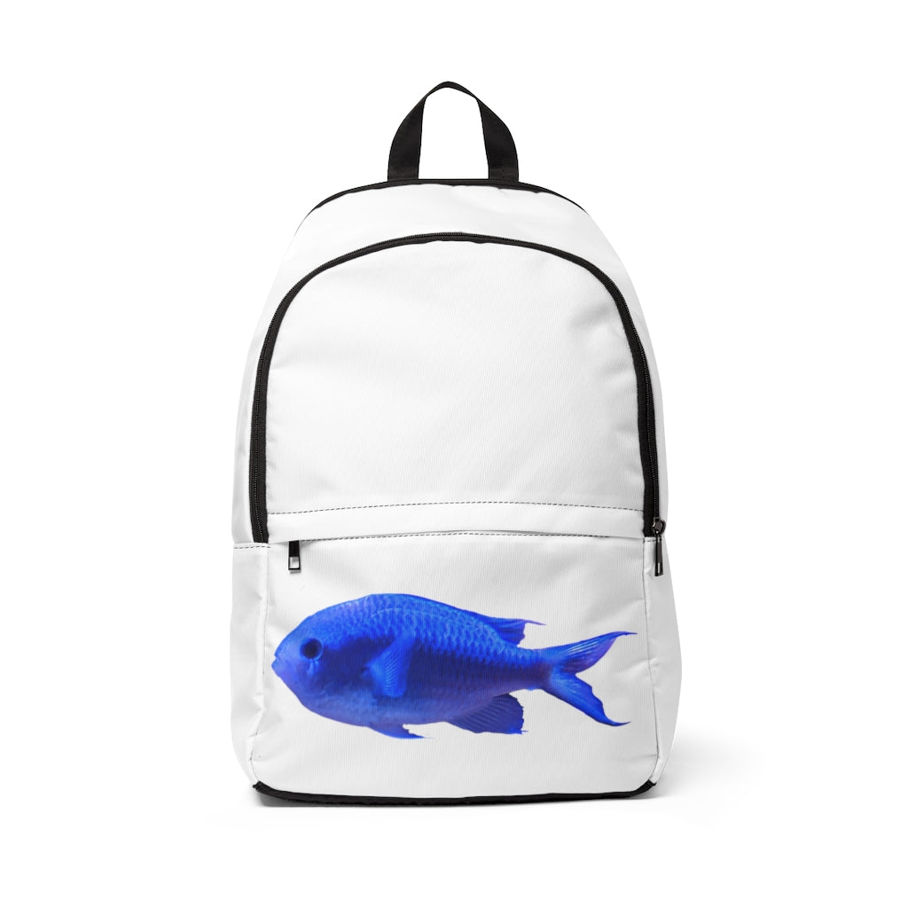 Blue Fish Unisex Fabric Backpack in vibrant blue color, featuring adjustable shoulder straps and a padded back panel for comfort.