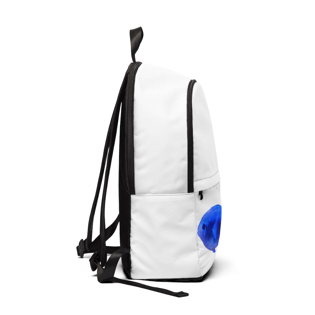 Blue Fish Unisex Fabric Backpack in vibrant blue color, featuring adjustable shoulder straps and a padded back panel for comfort.