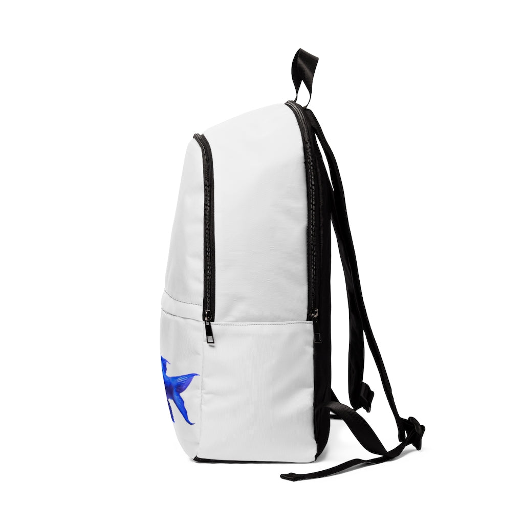 Blue Fish Unisex Fabric Backpack in vibrant blue color, featuring adjustable shoulder straps and a padded back panel for comfort.