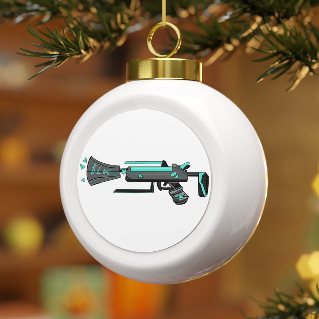 A beautiful 3-inch Blue Gun Christmas Ball Ornament with a glossy finish and gold ribbon, featuring a vintage design and custom aluminum insert.