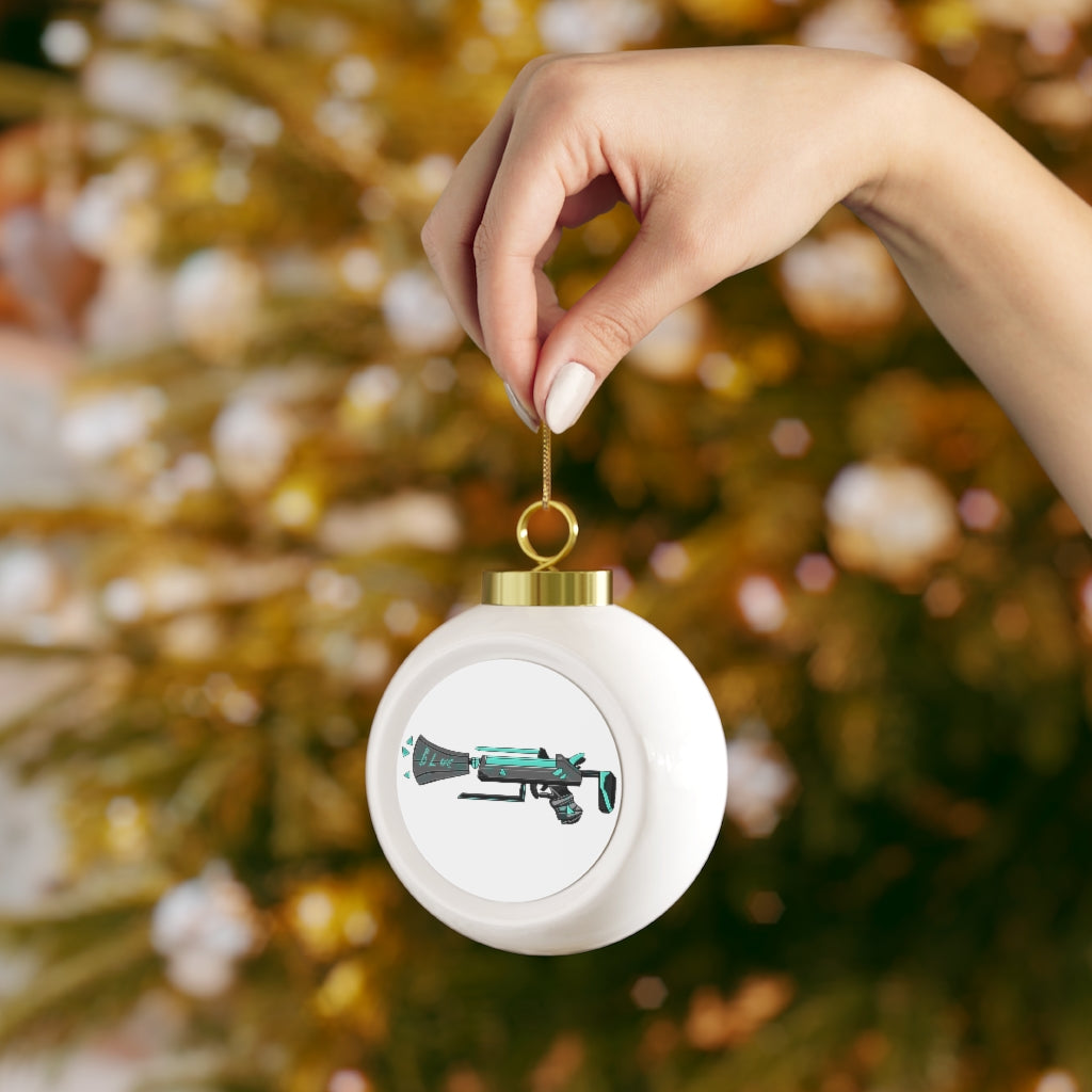 A beautiful 3-inch Blue Gun Christmas Ball Ornament with a glossy finish and gold ribbon, featuring a vintage design and custom aluminum insert.