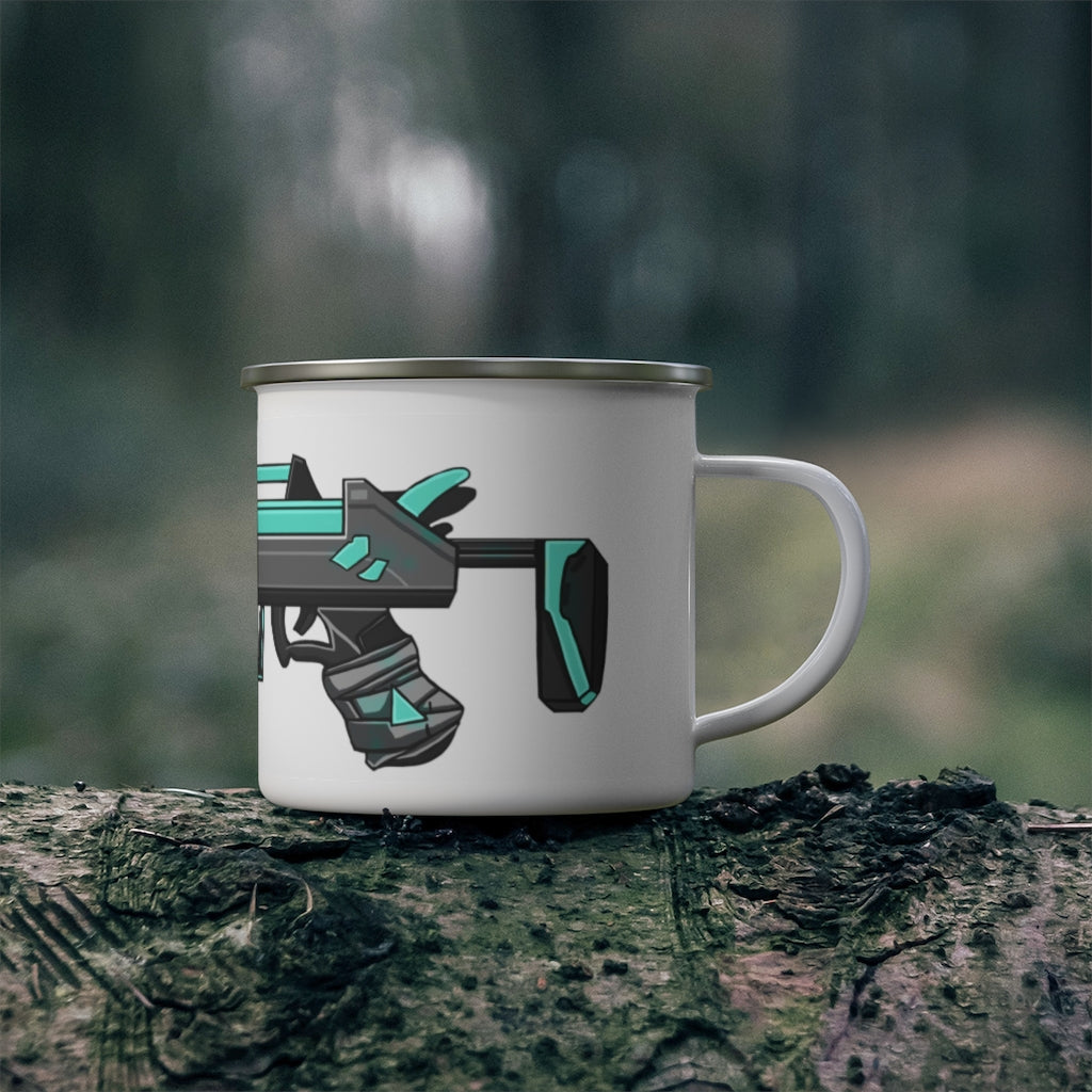 Blue Gun Enamel Camping Mug with a C-handle, showcasing a stylish design and durable enamel finish, perfect for outdoor adventures.