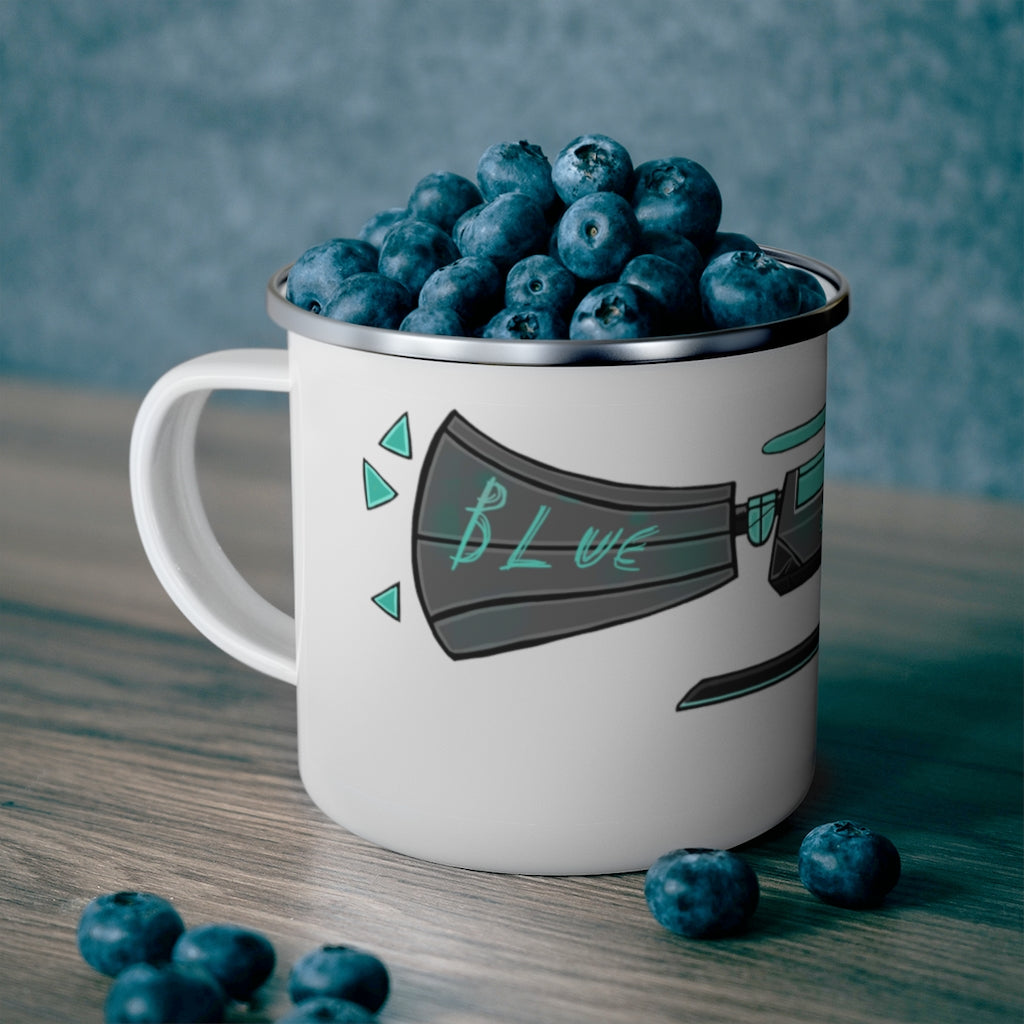 Blue Gun Enamel Camping Mug with a C-handle, showcasing a stylish design and durable enamel finish, perfect for outdoor adventures.