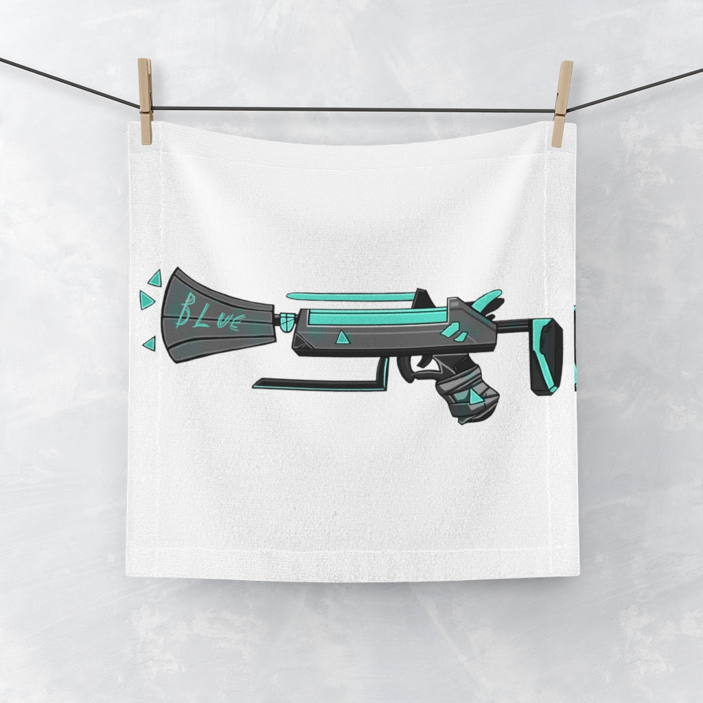 Blue Gun Face Towel featuring a soft polyester front and absorbent cotton back, ideal for customization.