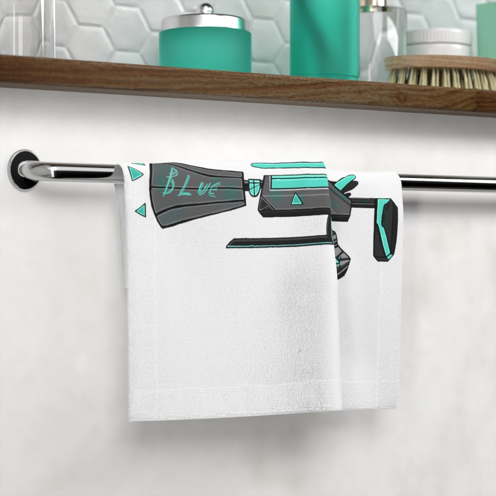 Blue Gun Face Towel featuring a soft polyester front and absorbent cotton back, ideal for customization.