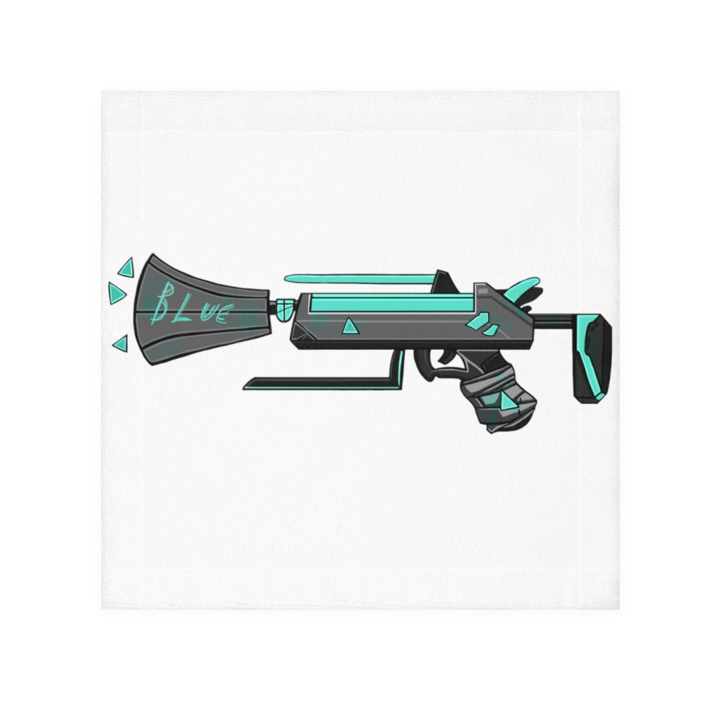 Blue Gun Face Towel featuring a customizable polyester front and soft cotton back, ideal for personal designs and everyday use.