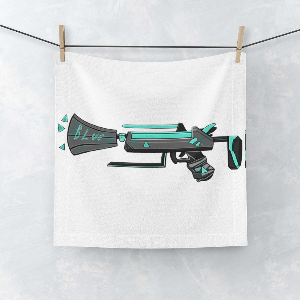 Blue Gun Face Towel featuring a customizable polyester front and soft cotton back, ideal for personal designs and everyday use.