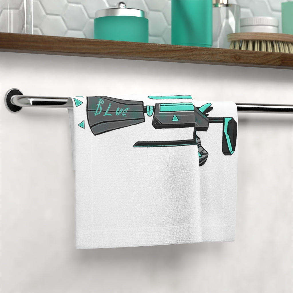 Blue Gun Face Towel featuring a customizable polyester front and soft cotton back, ideal for personal designs and everyday use.