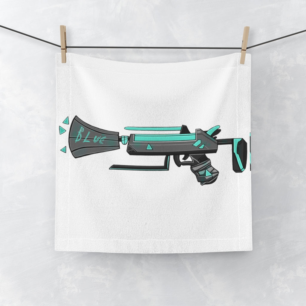 Blue Gun Face Towel featuring a customizable polyester front and soft cotton back, ideal for personal designs.