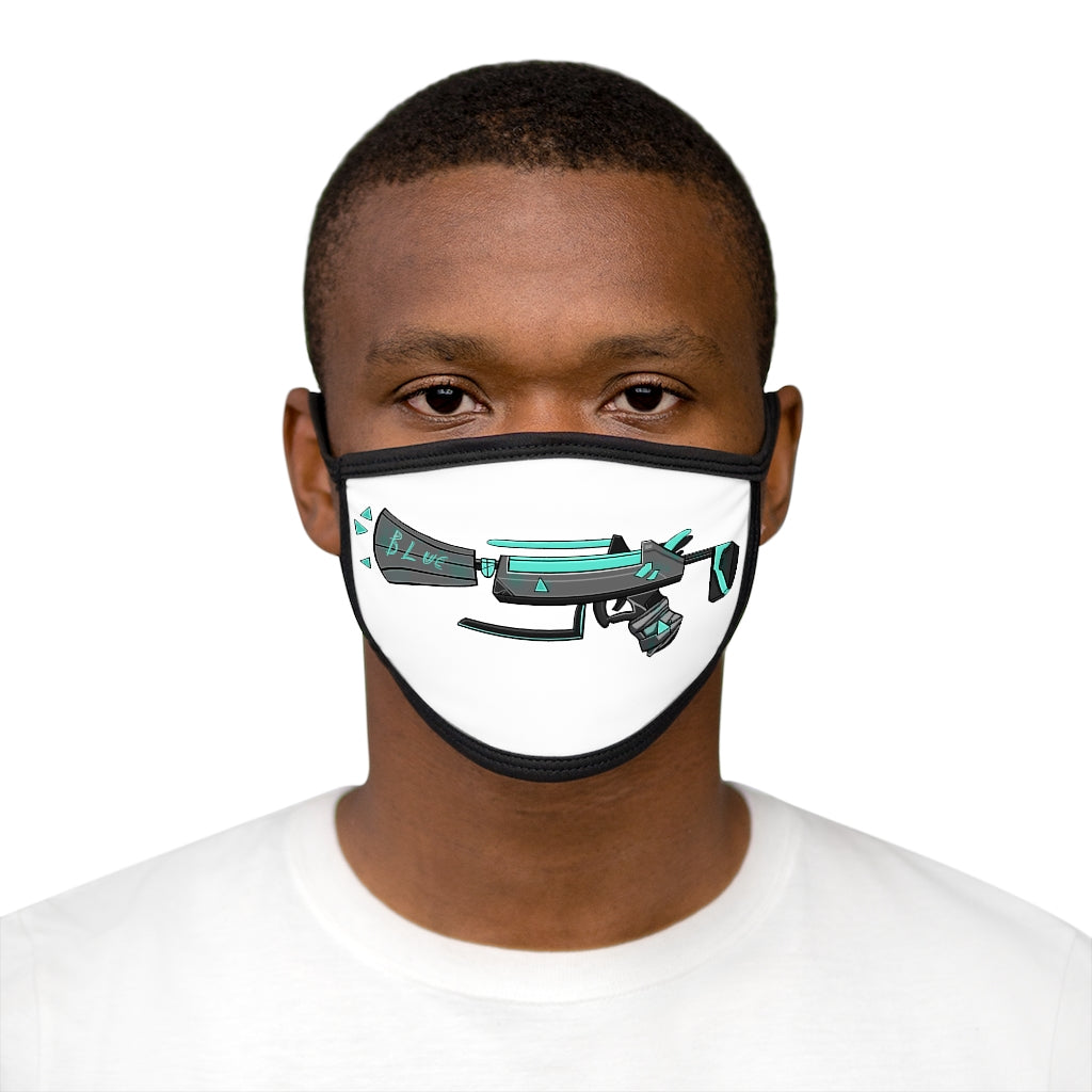 Blue Gun Mixed-Fabric Face Mask featuring a polyester exterior and cotton interior, with a black outer edge and earloops.