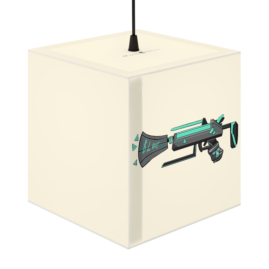 A stylish Blue Gun Personalized Lamp in a cube shape, showcasing its unique design and vibrant colors, perfect for indoor decor.