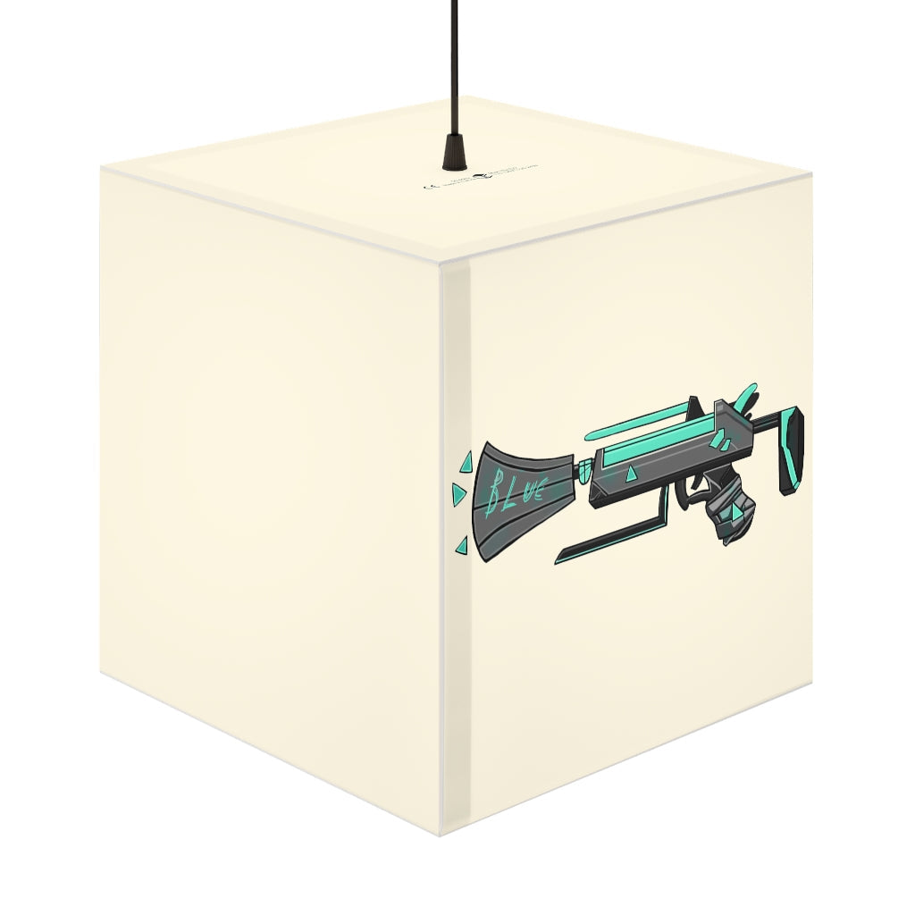 A stylish Blue Gun Personalized Lamp in a cube shape, showcasing its unique design and vibrant colors, perfect for indoor decor.