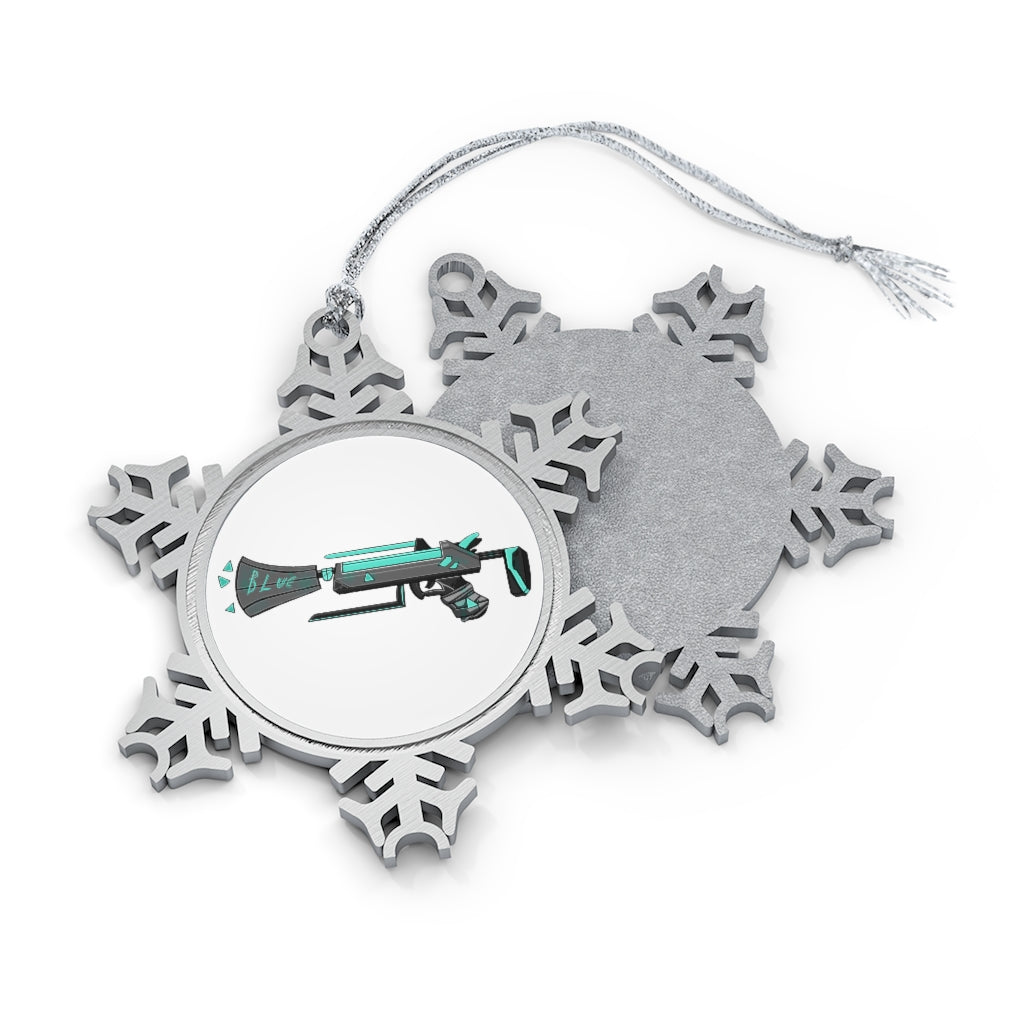 Blue Gun Pewter Snowflake Ornament with silver-toned hanging string, showcasing intricate snowflake design.