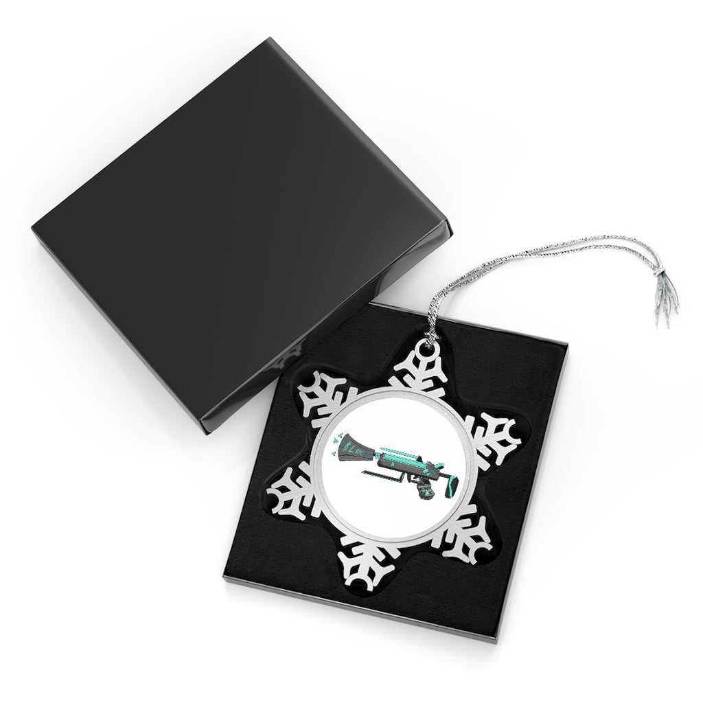 Blue Gun Pewter Snowflake Ornament with silver-toned hanging string, showcasing intricate snowflake design.