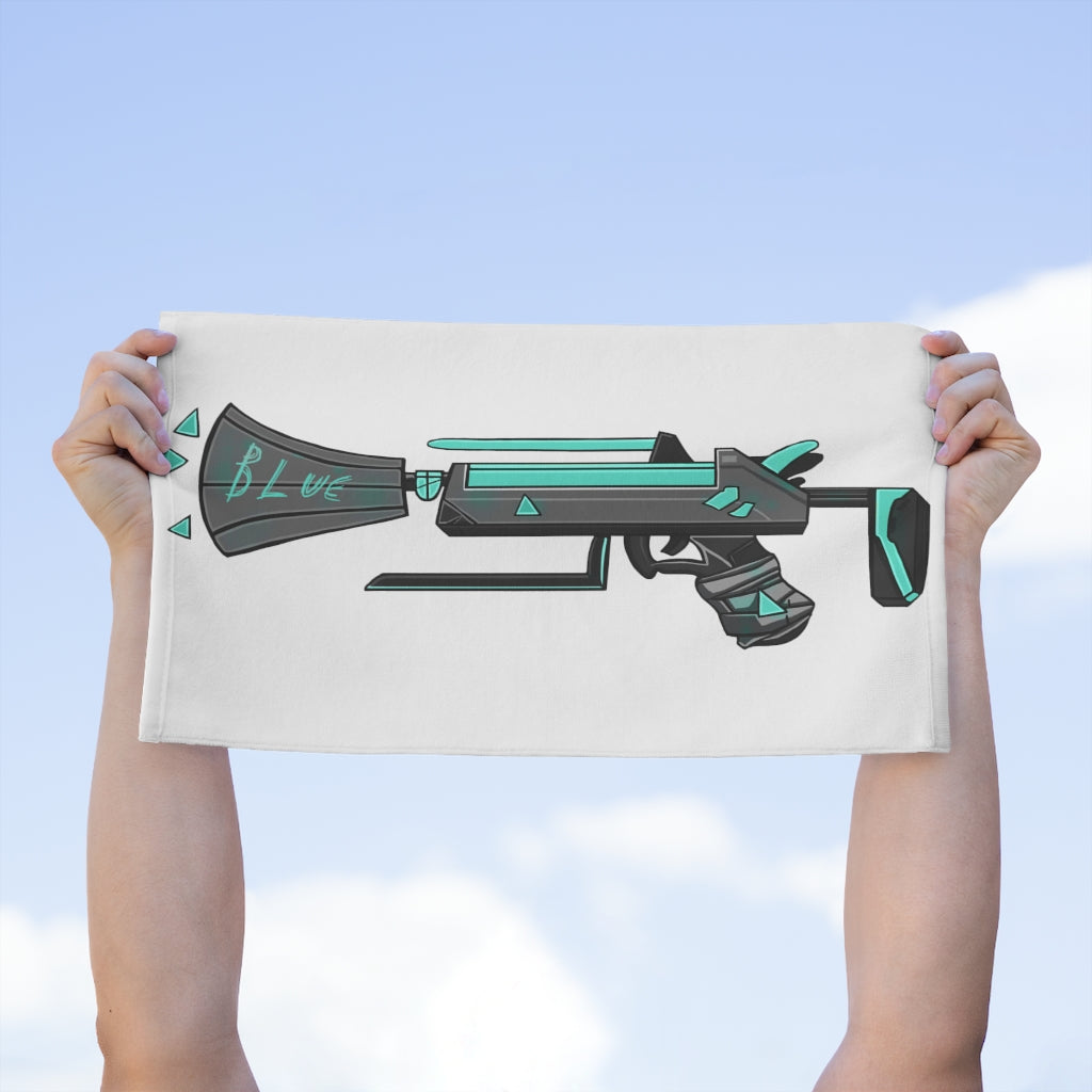 Blue Gun Rally Towel measuring 11x18 inches, featuring a soft cotton backing and printed mink polyester front, ideal for sports and events.