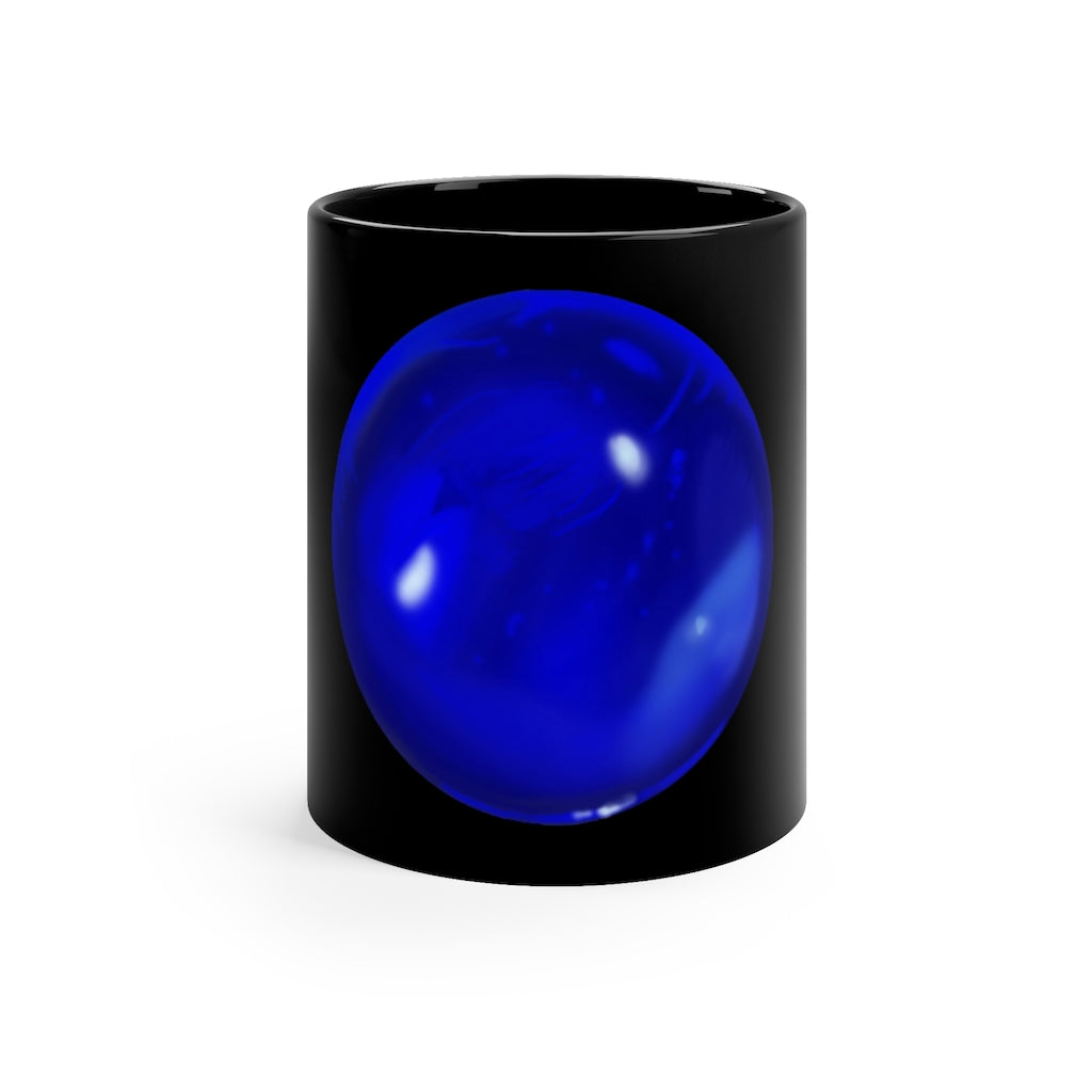 Blue Orb 11oz black ceramic mug with C-handle, perfect for coffee and tea.