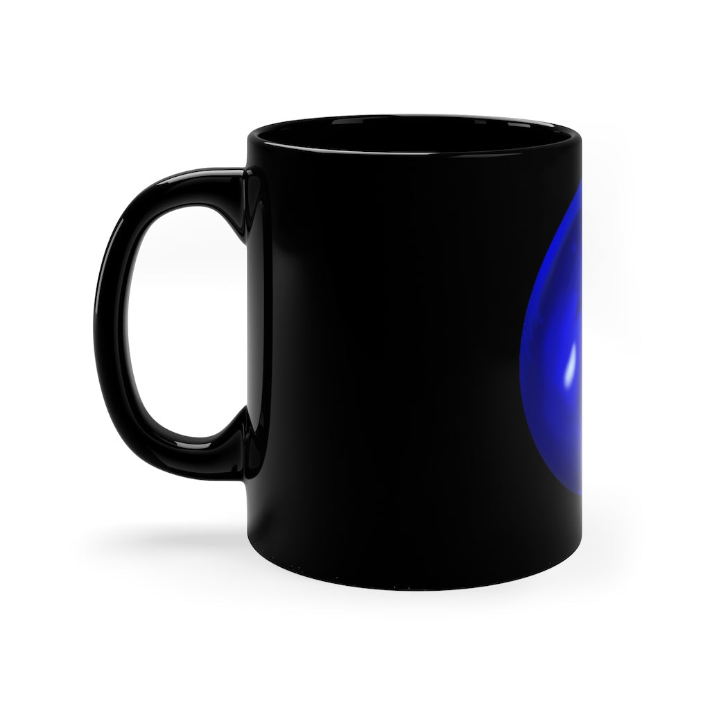 Blue Orb 11oz black ceramic mug with C-handle, perfect for coffee and tea.