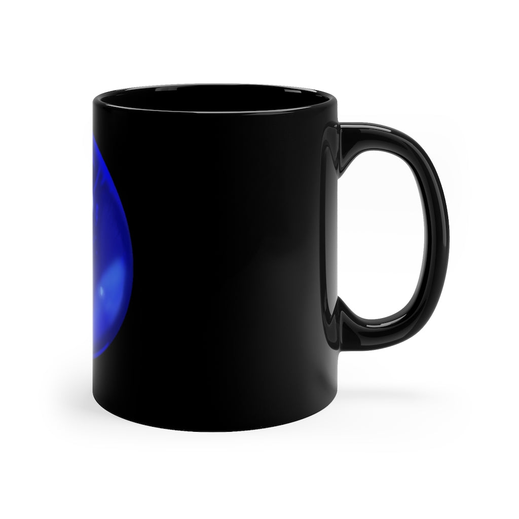 Blue Orb 11oz black ceramic mug with C-handle, perfect for coffee and tea.