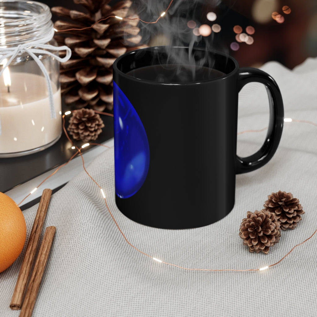 Blue Orb 11oz black ceramic mug with C-handle, perfect for coffee and tea.