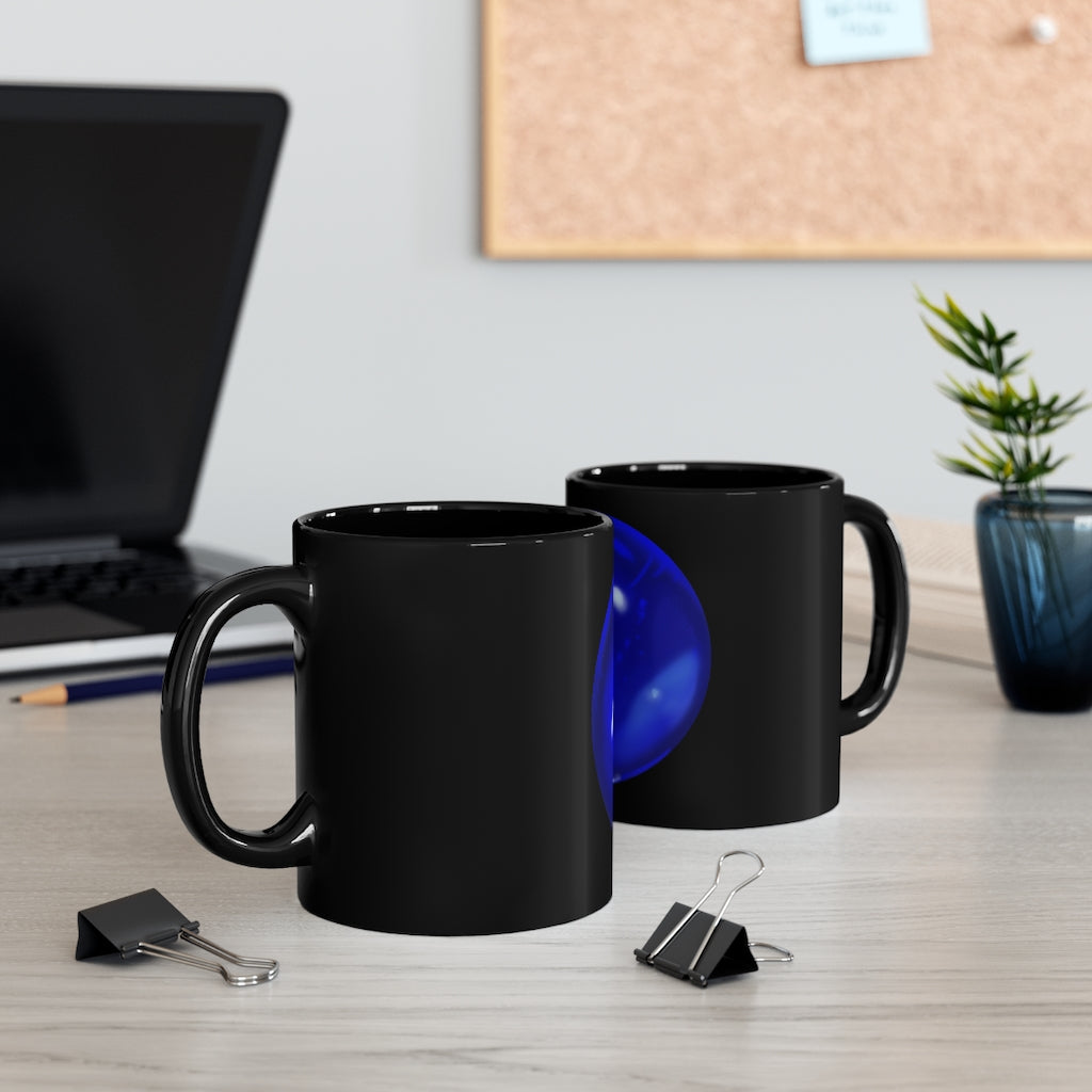 Blue Orb 11oz black ceramic mug with C-handle, perfect for coffee and tea.