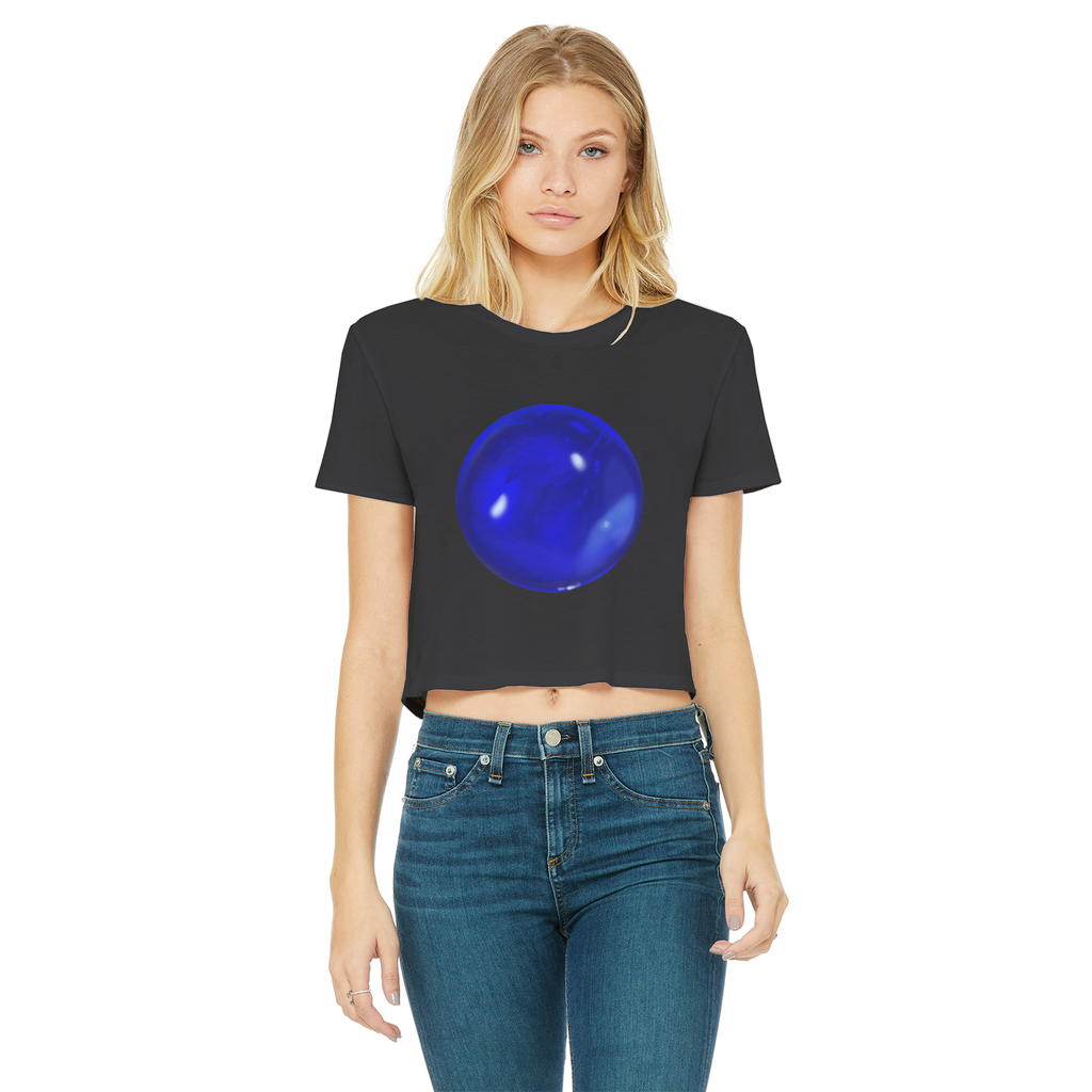 Blue Orb Classic Women's Cropped Raw Edge T-Shirt featuring a round neck, short sleeves, and a trendy raw edge hem in a vibrant blue color.