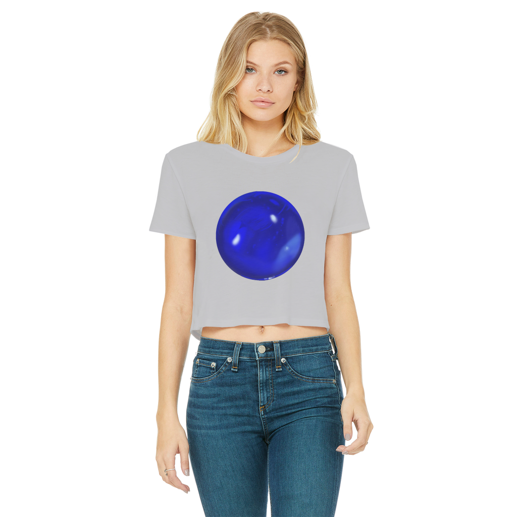 Blue Orb Classic Women's Cropped Raw Edge T-Shirt featuring a round neck, short sleeves, and a trendy raw edge hem in a vibrant blue color.